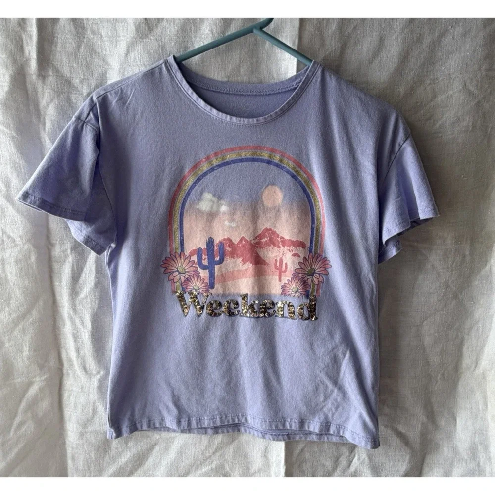 Girls The Childrens Place Purple Weekend‎ Sequin TShirt XL Rainbow Mountains